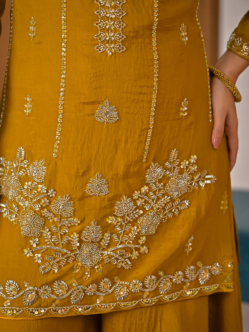 Vaidehi Vichitra Silk Bits Hand Work Sharara Palazzo Suit with Sequins Embroidered Dupatta