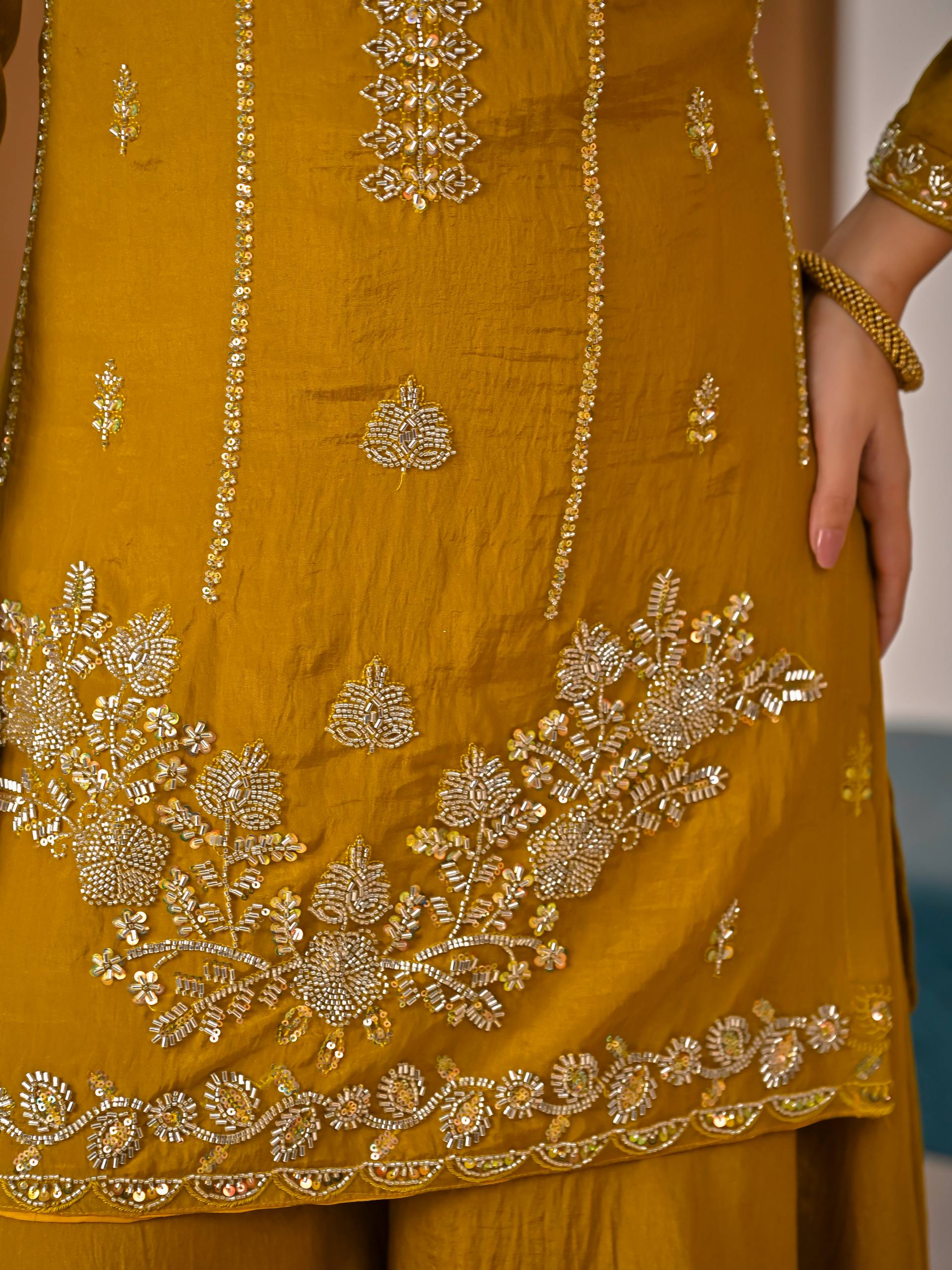 Vaidehi Vichitra Silk Bits Hand Work Sharara Palazzo Suit with Sequins Embroidered Dupatta
