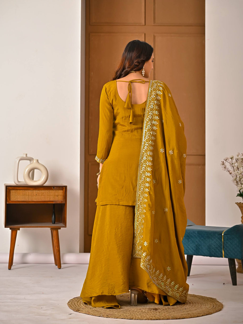 Vaidehi Vichitra Silk Bits Hand Work Sharara Palazzo Suit with Sequins Embroidered Dupatta