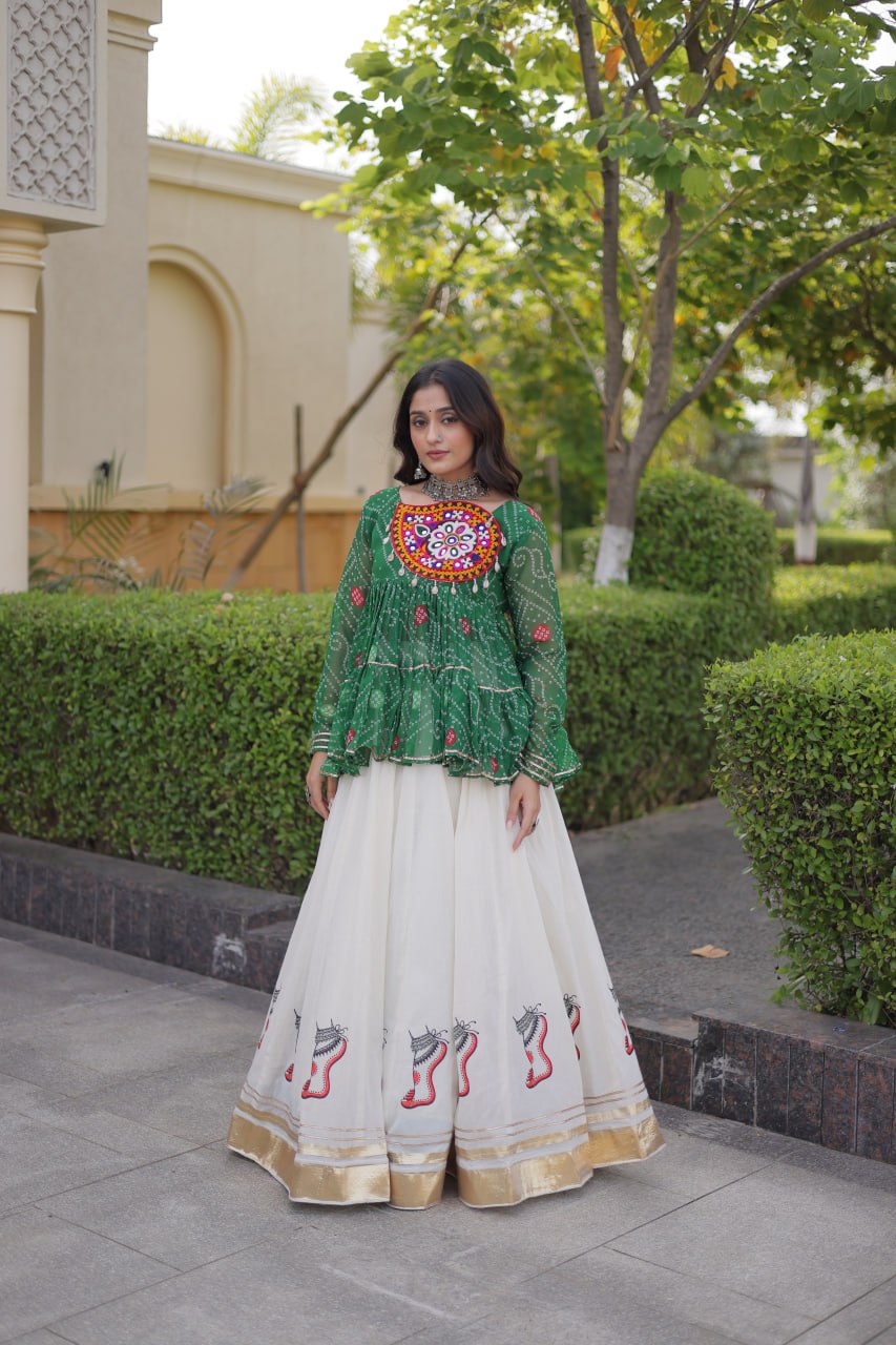 Rangvisha Designer Kora Cotton Gota Lace Lehenga Choli with Bandhani Print & Kutchi Gamthi Patchwork
