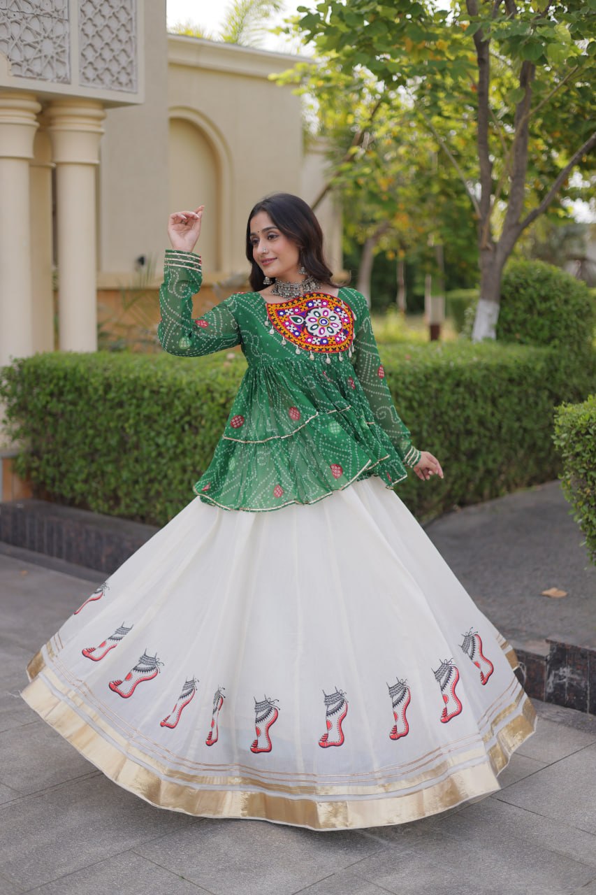 Rangvisha Designer Kora Cotton Gota Lace Lehenga Choli with Bandhani Print & Kutchi Gamthi Patchwork