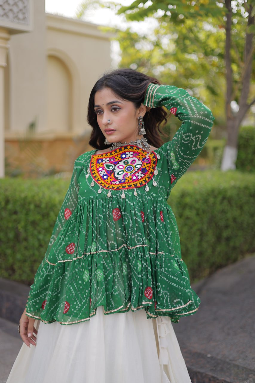 Rangvisha Designer Kora Cotton Gota Lace Lehenga Choli with Bandhani Print & Kutchi Gamthi Patchwork