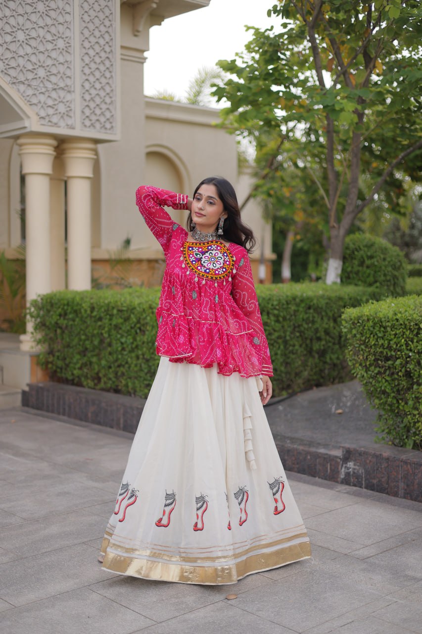 Rangvisha Designer Kora Cotton Gota Lace Lehenga Choli with Bandhani Print & Kutchi Gamthi Patchwork