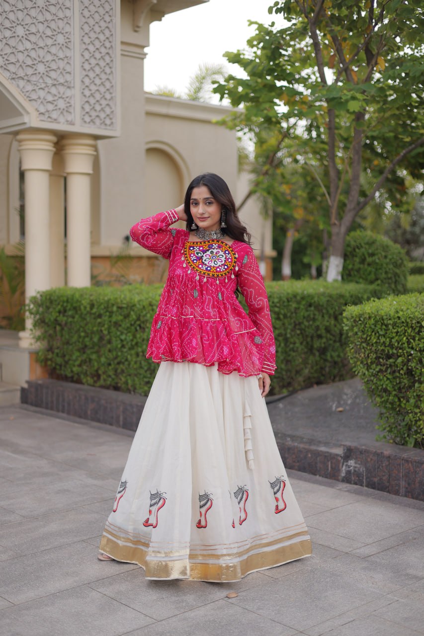Rangvisha Designer Kora Cotton Gota Lace Lehenga Choli with Bandhani Print & Kutchi Gamthi Patchwork