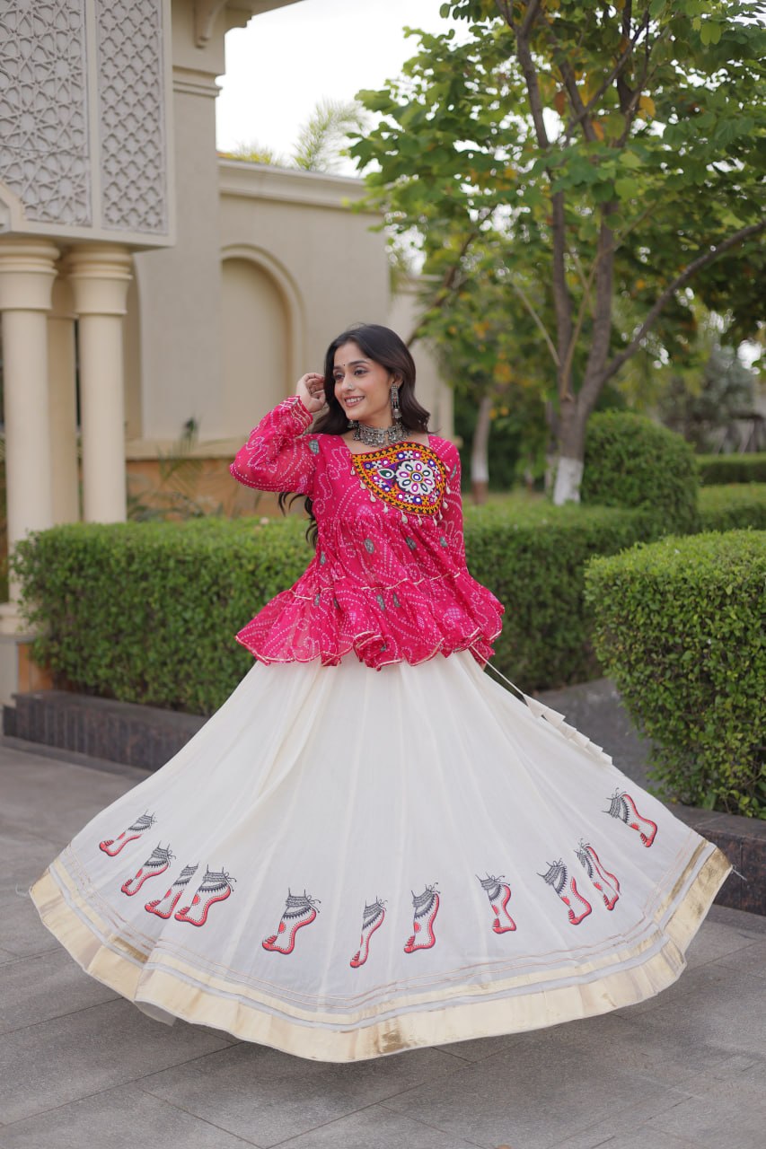 Rangvisha Designer Kora Cotton Gota Lace Lehenga Choli with Bandhani Print & Kutchi Gamthi Patchwork