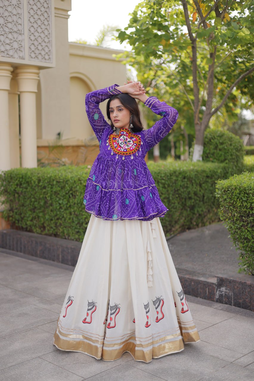 Rangvisha Designer Kora Cotton Gota Lace Lehenga Choli with Bandhani Print & Kutchi Gamthi Patchwork
