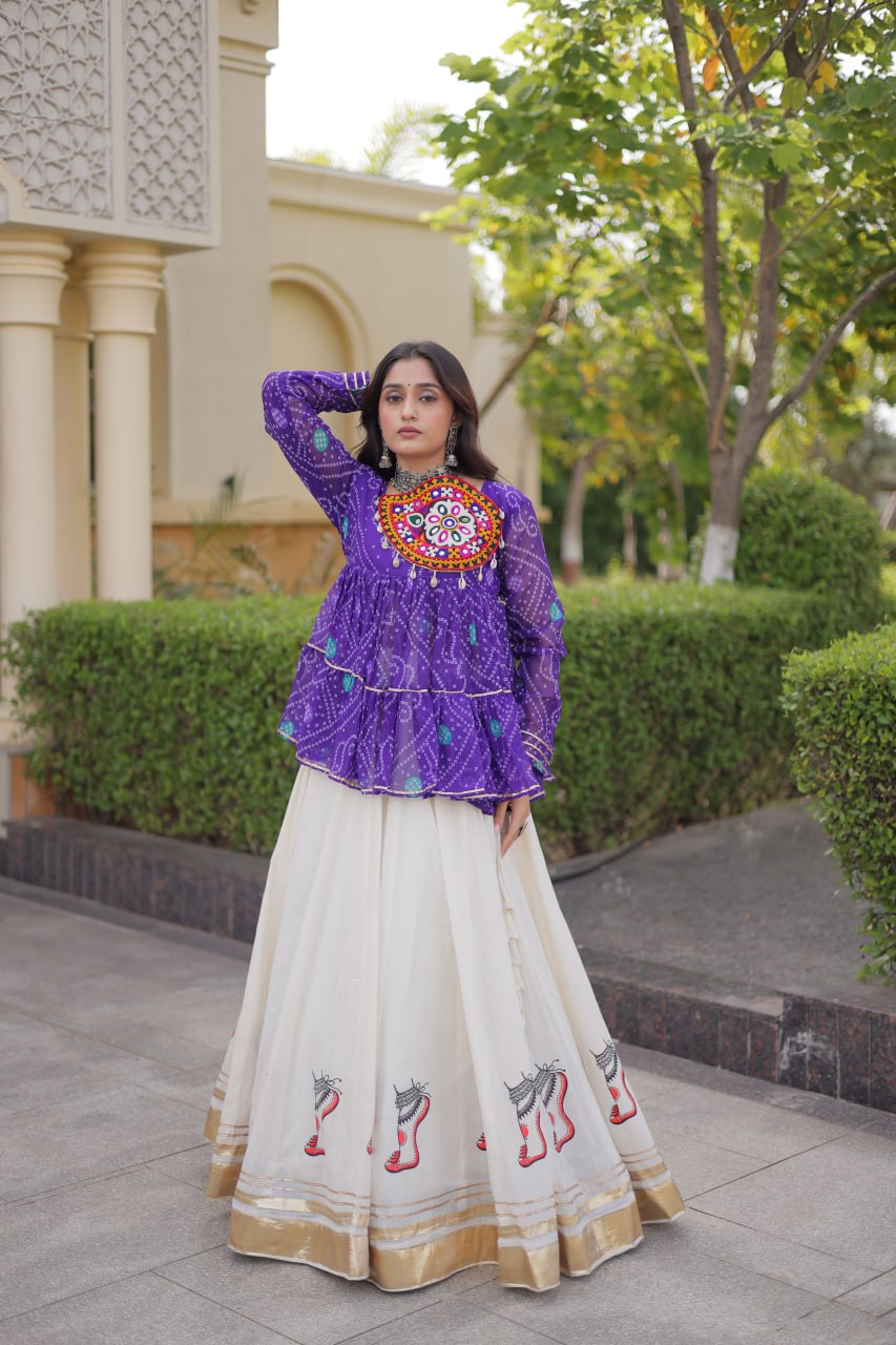 Rangvisha Designer Kora Cotton Gota Lace Lehenga Choli with Bandhani Print & Kutchi Gamthi Patchwork