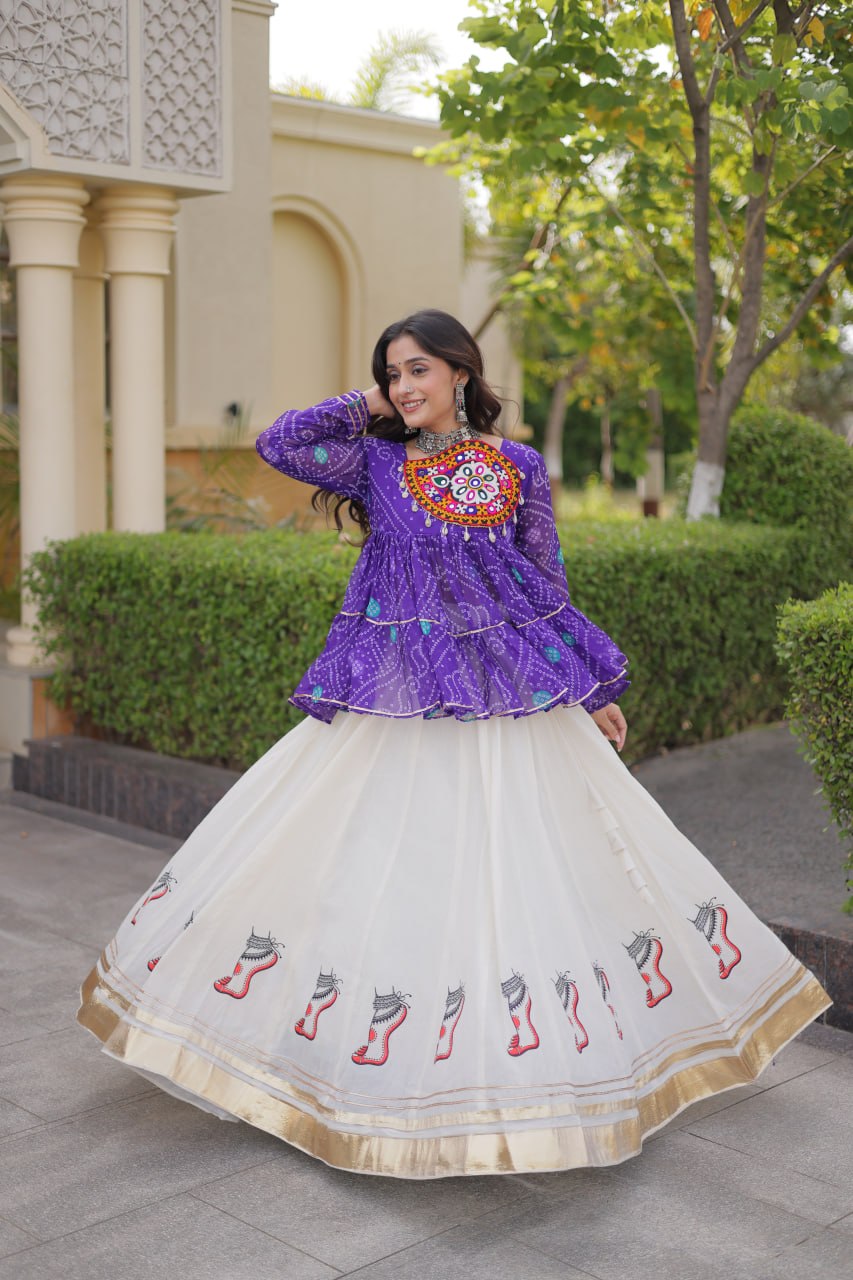 Rangvisha Designer Kora Cotton Gota Lace Lehenga Choli with Bandhani Print & Kutchi Gamthi Patchwork