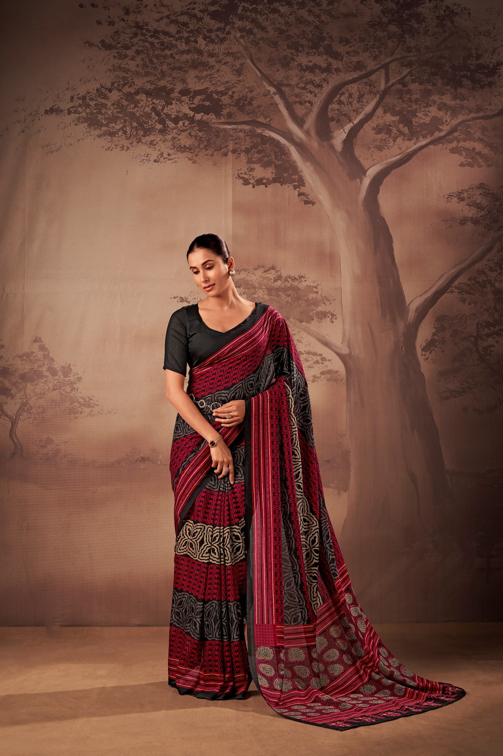 Aarini Poly Mal Cotton Printed Saree with Stitched Blouse