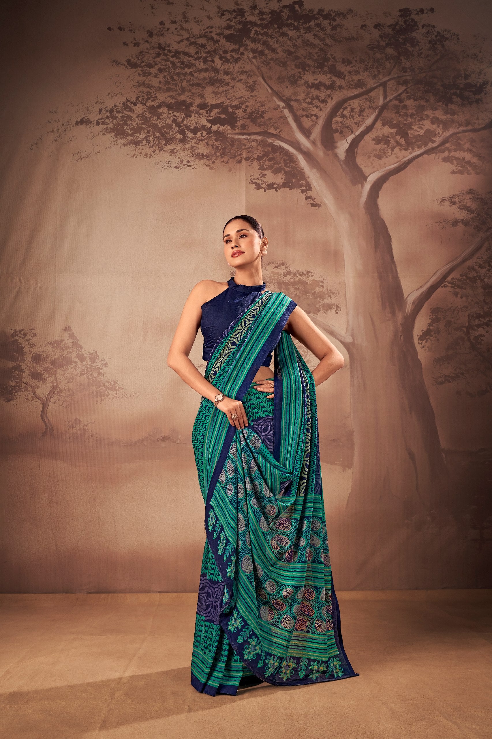 Aarini Poly Mal Cotton Printed Saree with Stitched Blouse