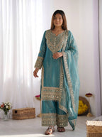 Designer Fendy Silk Sharara Suit with Lace Border Dupatta