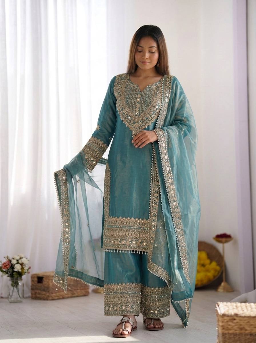 Designer Fendy Silk Sharara Suit with Lace Border Dupatta