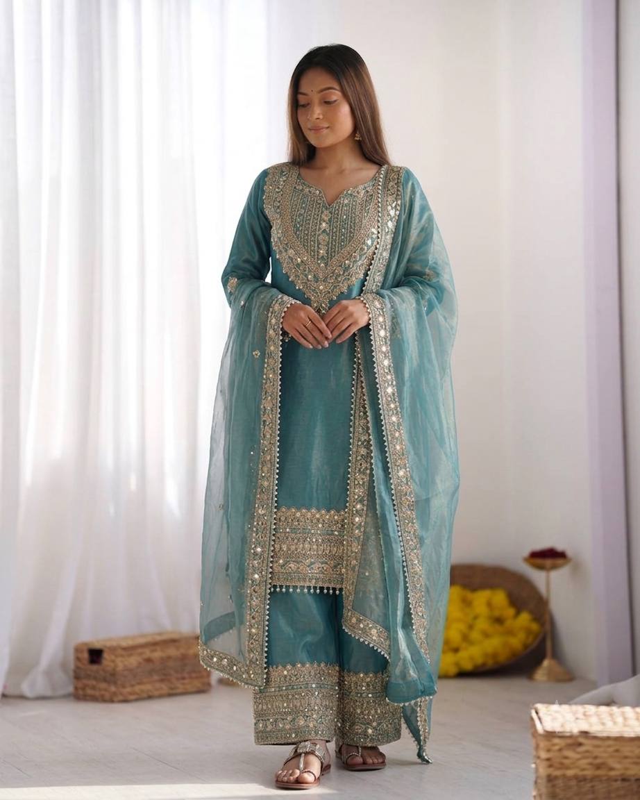 Designer Fendy Silk Sharara Suit with Lace Border Dupatta