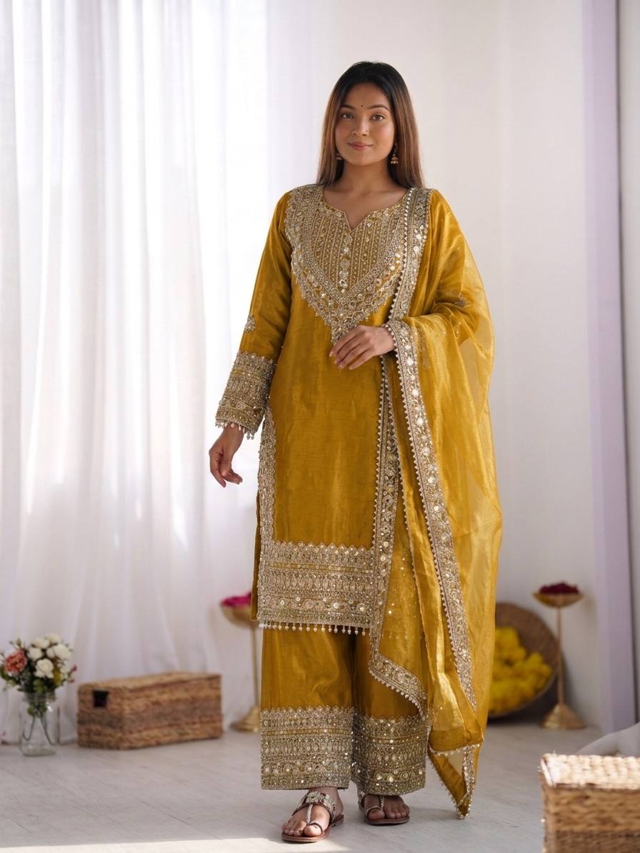 Designer Fendy Silk Sharara Suit with Lace Border Dupatta