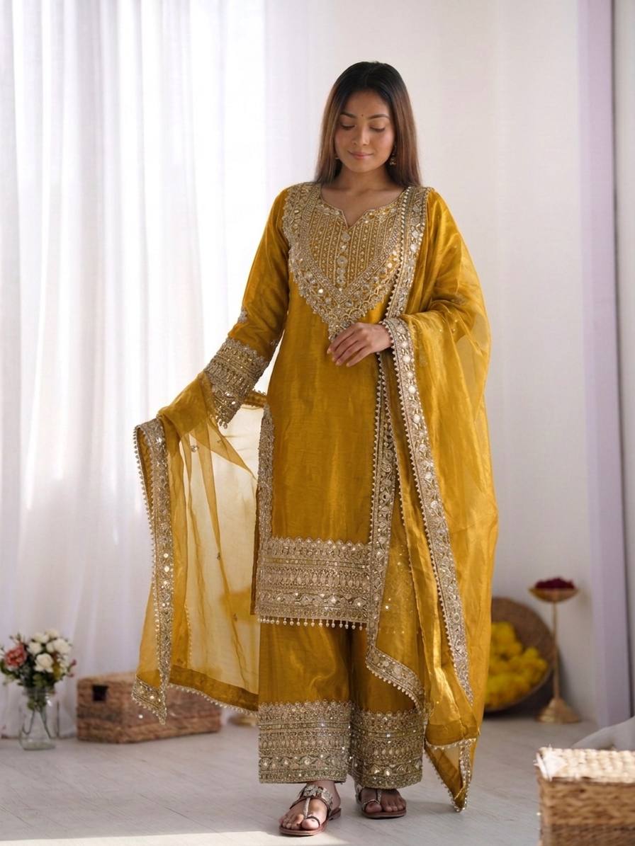 Designer Fendy Silk Sharara Suit with Lace Border Dupatta