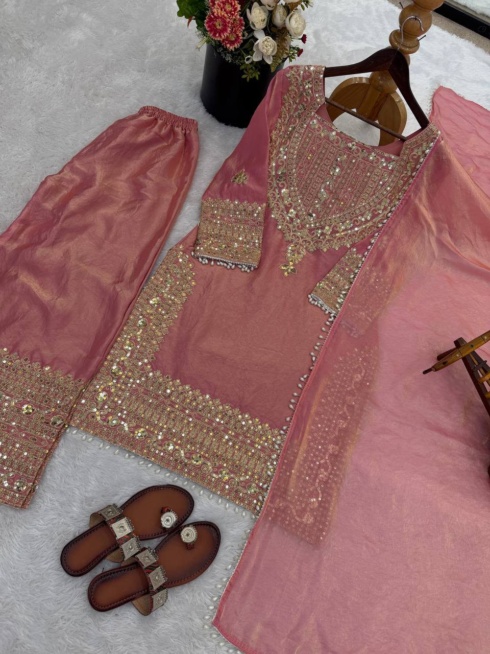 Designer Fendy Silk Sharara Suit with Lace Border Dupatta