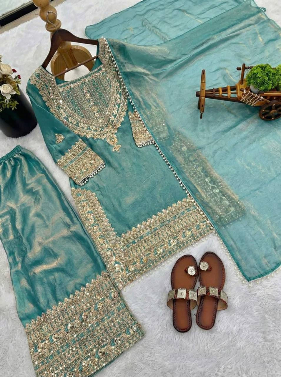 Designer Fendy Silk Sharara Suit with Lace Border Dupatta