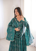 Anvisha Printed Maslin Flared Anarkali with Pant & Golden Lace Dupatta