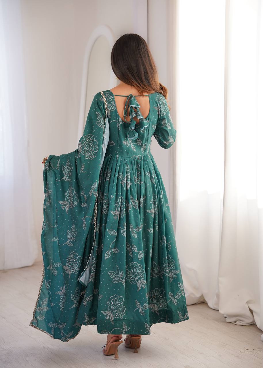 Anvisha Printed Maslin Flared Anarkali with Pant & Golden Lace Dupatta