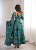 Anvisha Printed Maslin Flared Anarkali with Pant & Golden Lace Dupatta