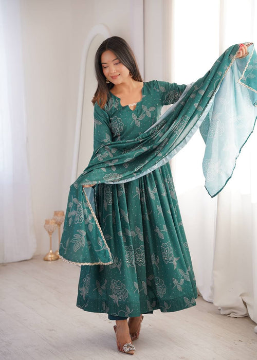 Anvisha Printed Maslin Flared Anarkali with Pant & Golden Lace Dupatta
