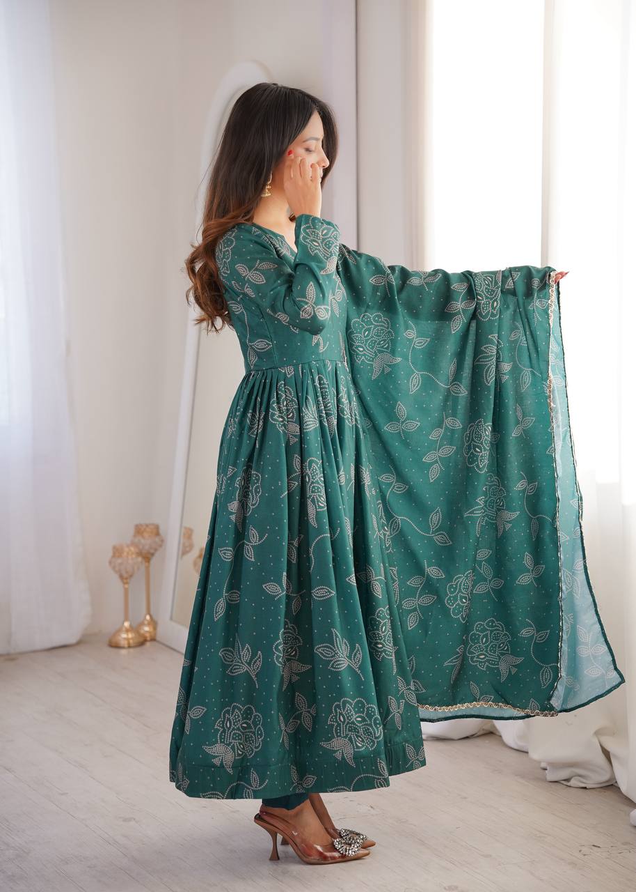 Anvisha Printed Maslin Flared Anarkali with Pant & Golden Lace Dupatta