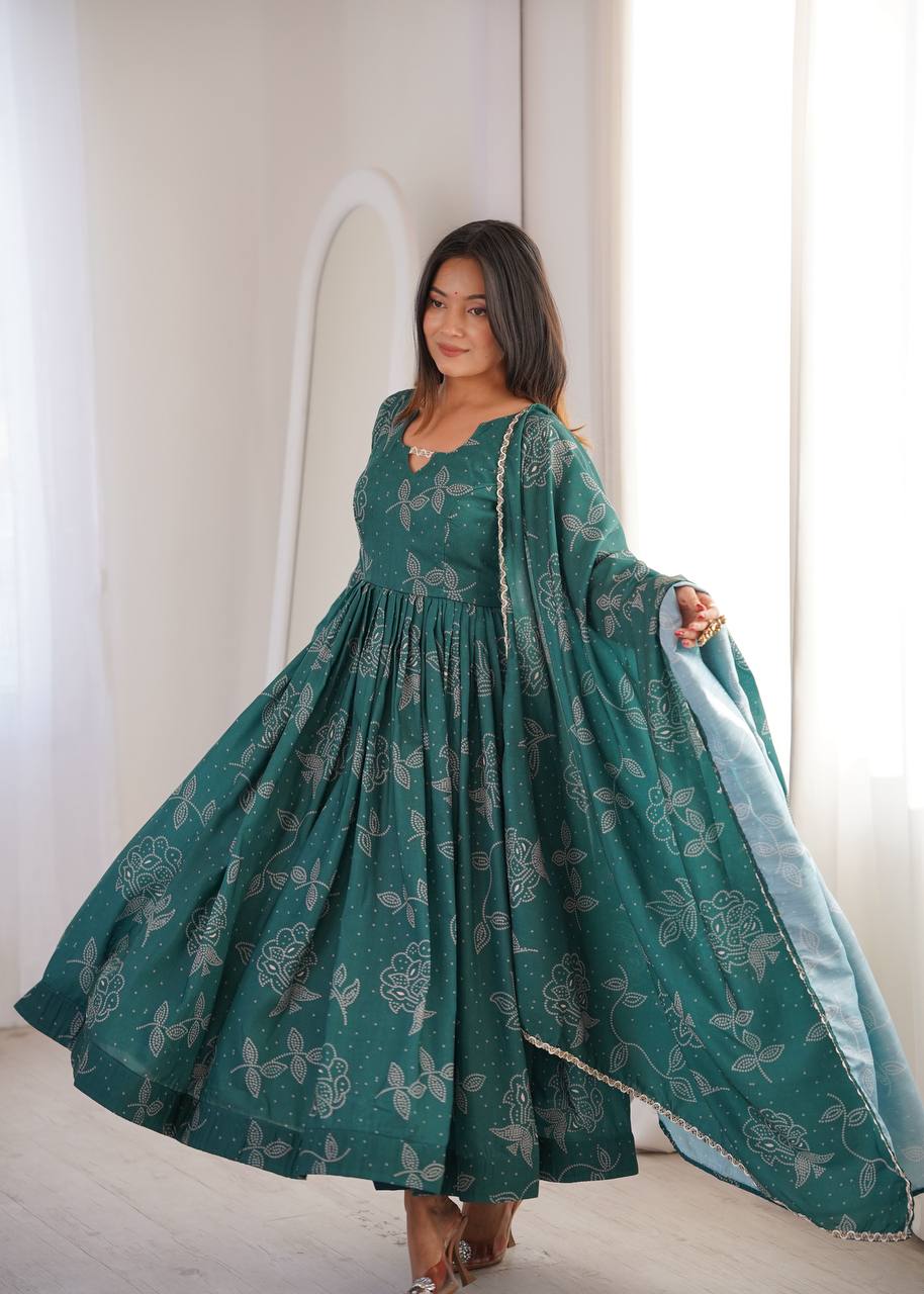 Anvisha Printed Maslin Flared Anarkali with Pant & Golden Lace Dupatta