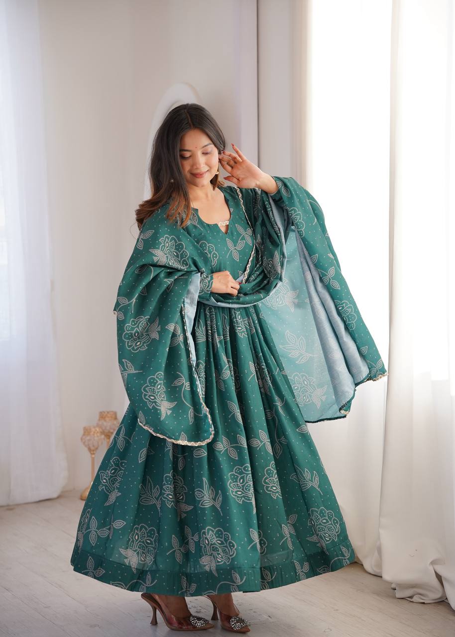 Anvisha Printed Maslin Flared Anarkali with Pant & Golden Lace Dupatta