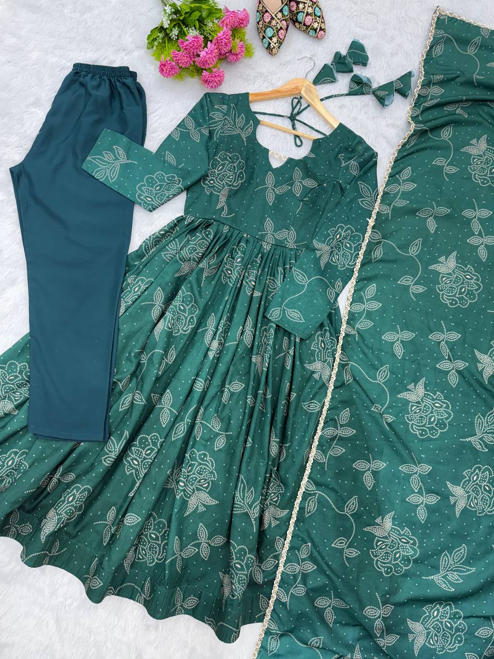 Anvisha Printed Maslin Flared Anarkali with Pant & Golden Lace Dupatta