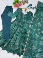 Anvisha Printed Maslin Flared Anarkali with Pant & Golden Lace Dupatta