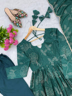 Anvisha Printed Maslin Flared Anarkali with Pant & Golden Lace Dupatta
