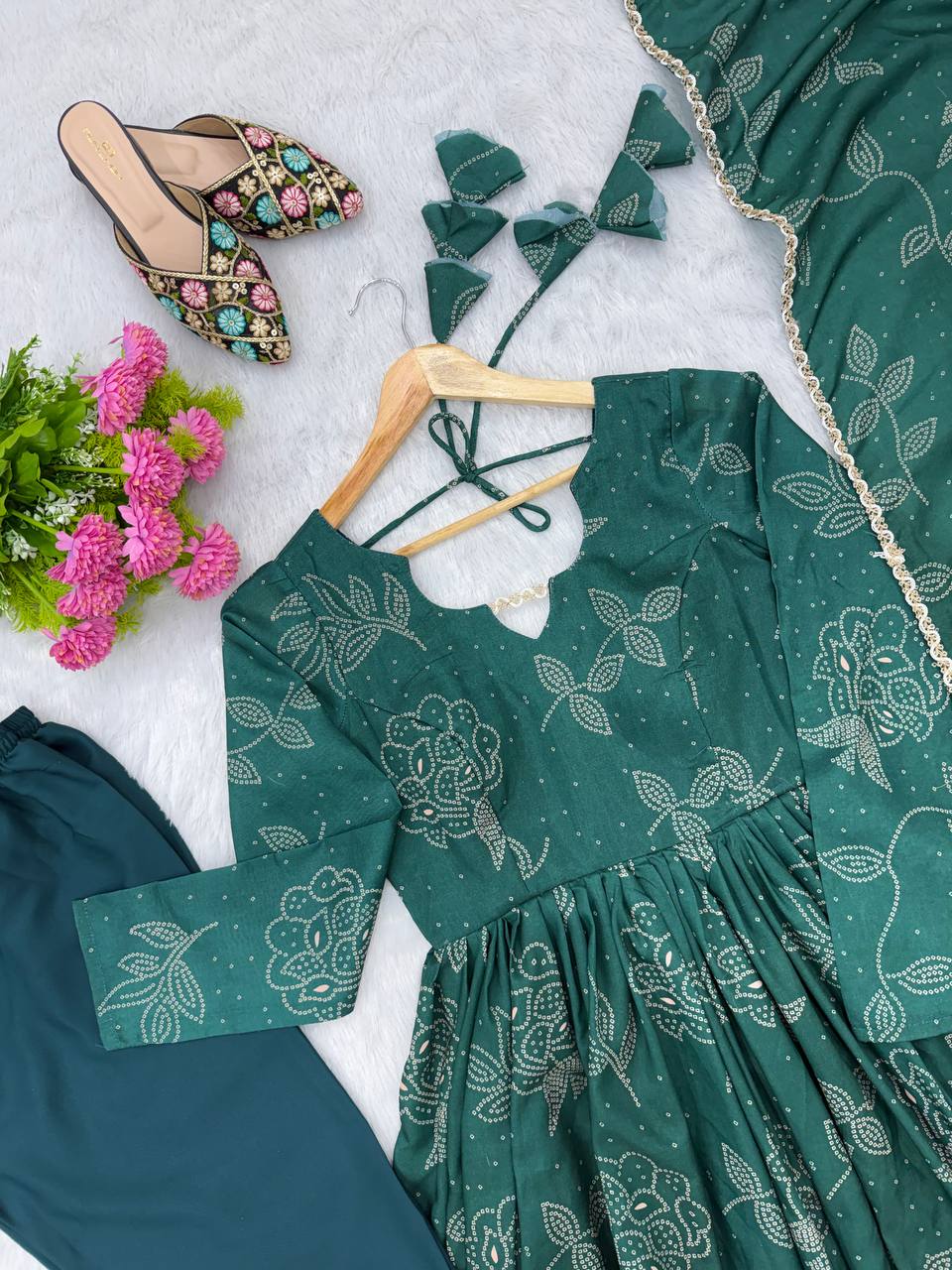 Anvisha Printed Maslin Flared Anarkali with Pant & Golden Lace Dupatta