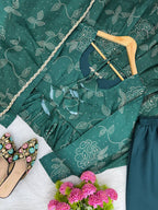 Anvisha Printed Maslin Flared Anarkali with Pant & Golden Lace Dupatta