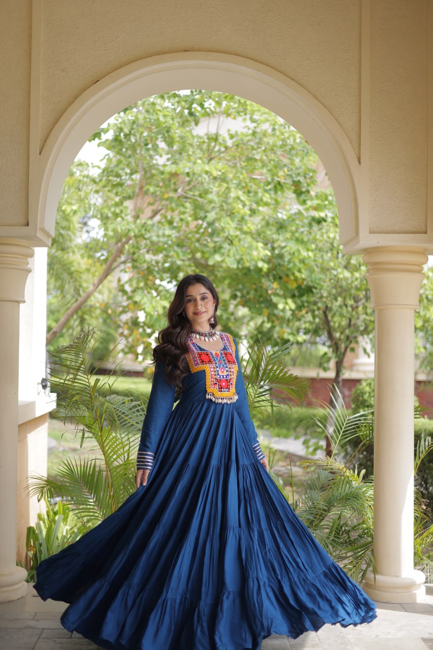 Rama Wine White Kutchi Gamthi Mirror Work Navratri Gown