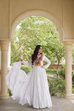 Rama Wine White Kutchi Gamthi Mirror Work Navratri Gown