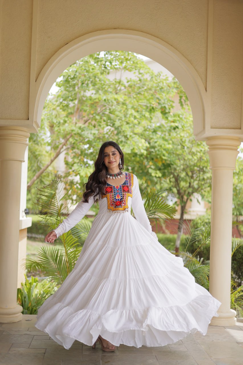 Rama Wine White Kutchi Gamthi Mirror Work Navratri Gown