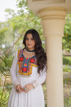 Rama Wine White Kutchi Gamthi Mirror Work Navratri Gown