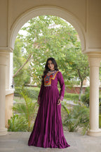 Rama Wine White Kutchi Gamthi Mirror Work Navratri Gown