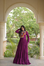 Rama Wine White Kutchi Gamthi Mirror Work Navratri Gown