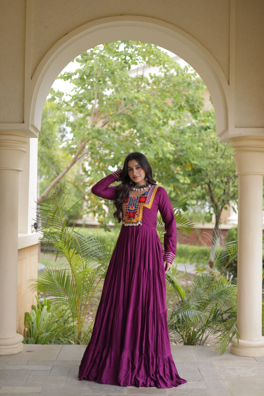 Rama Wine White Kutchi Gamthi Mirror Work Navratri Gown