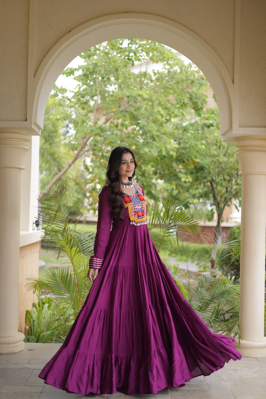 Rama Wine White Kutchi Gamthi Mirror Work Navratri Gown