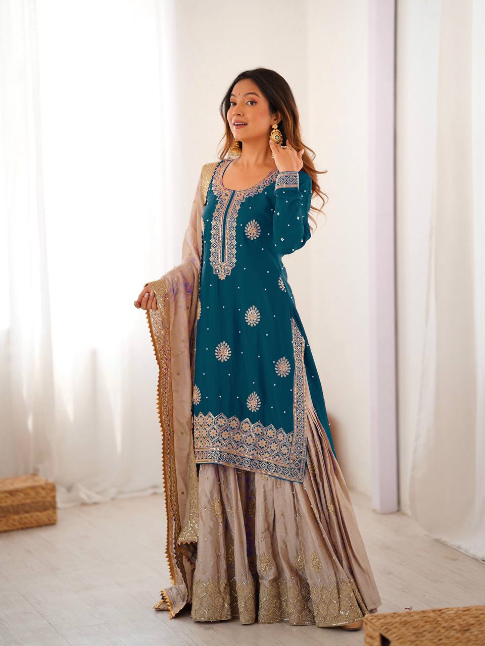 Pearl Elegance Chinon Silk Embroidered Sharara Set with Dupatta