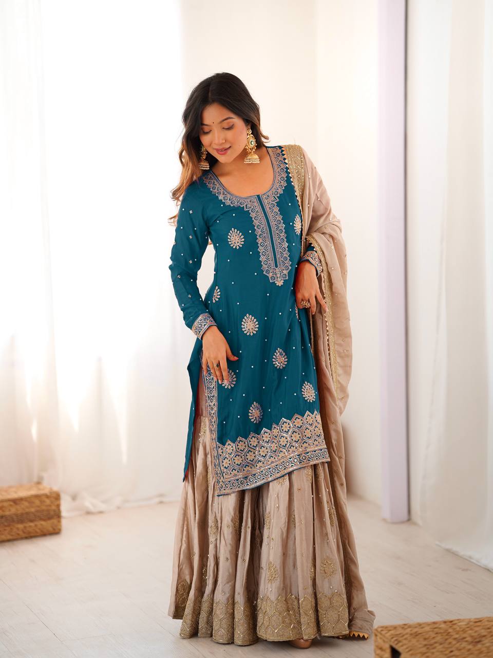 Pearl Elegance Chinon Silk Embroidered Sharara Set with Dupatta