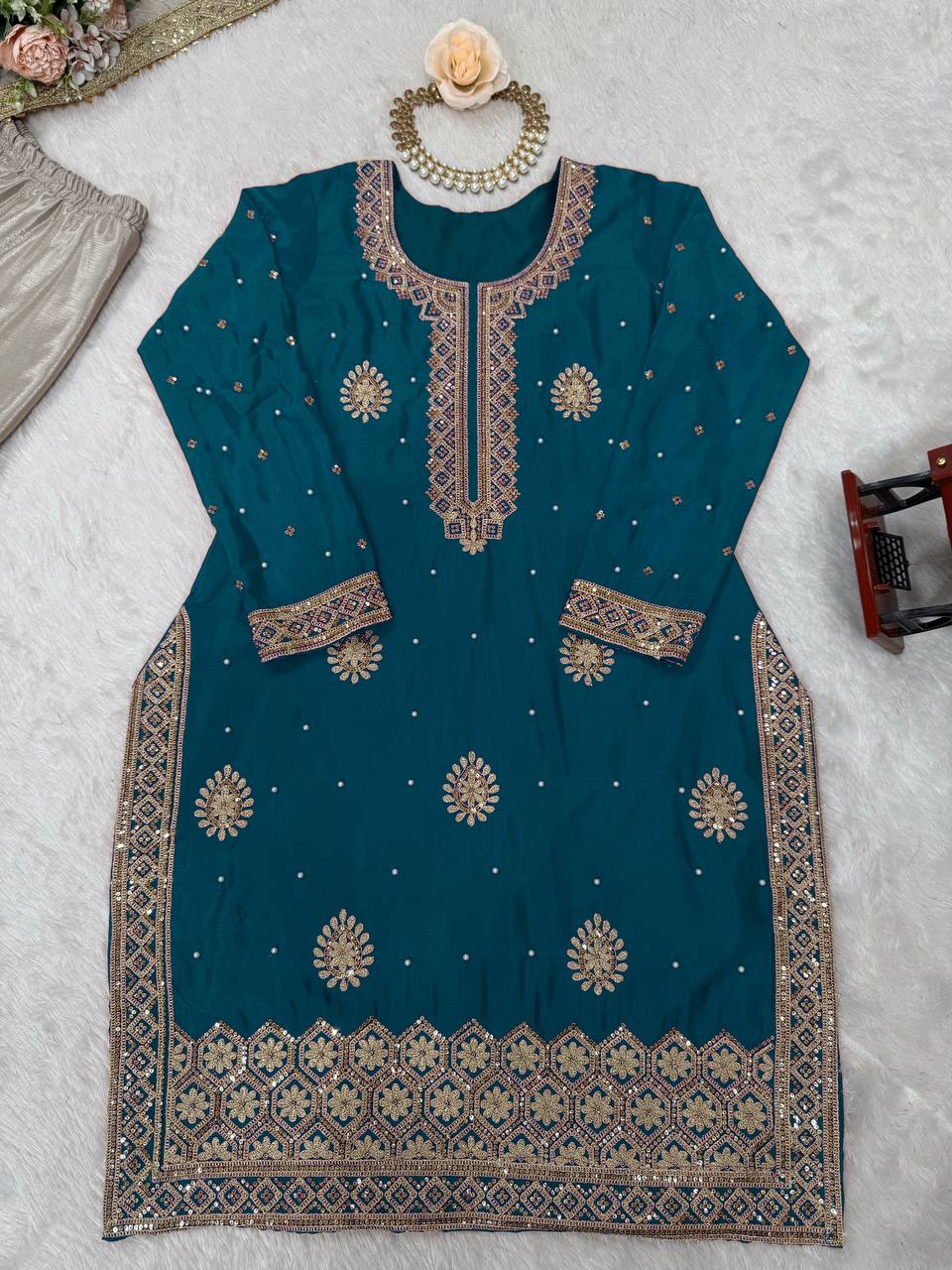 Pearl Elegance Chinon Silk Embroidered Sharara Set with Dupatta