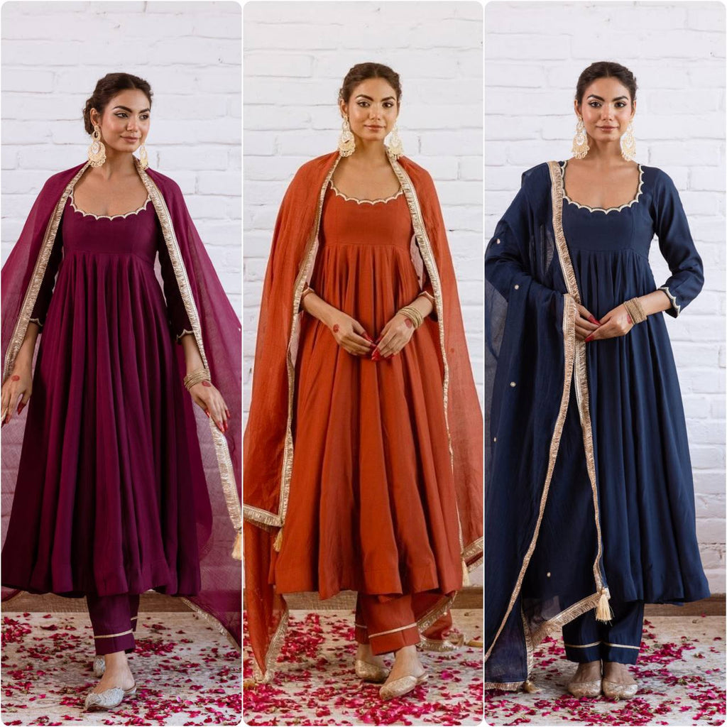 Designer Vichitra Silk Anarkali Gown with Beads Work & Dupatta