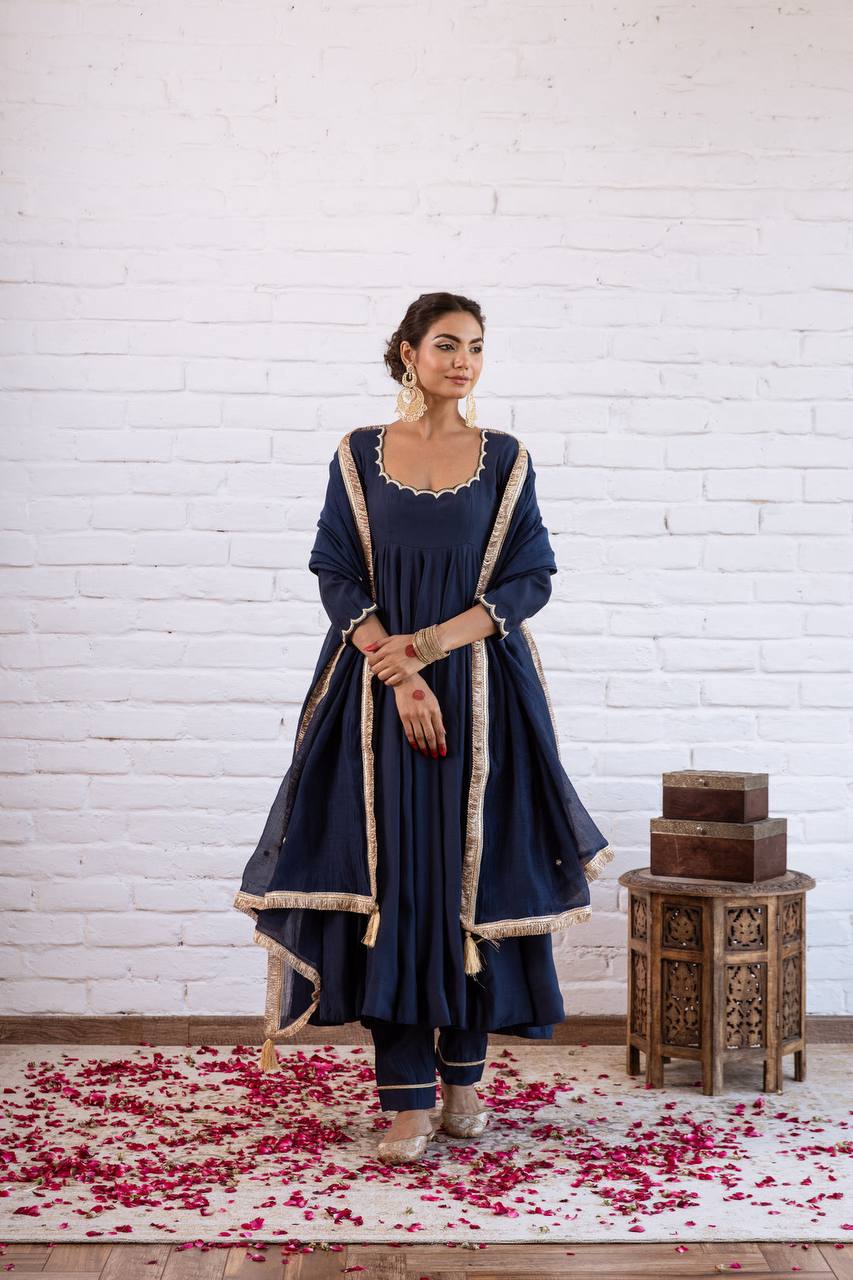 Designer Vichitra Silk Anarkali Gown with Beads Work & Dupatta