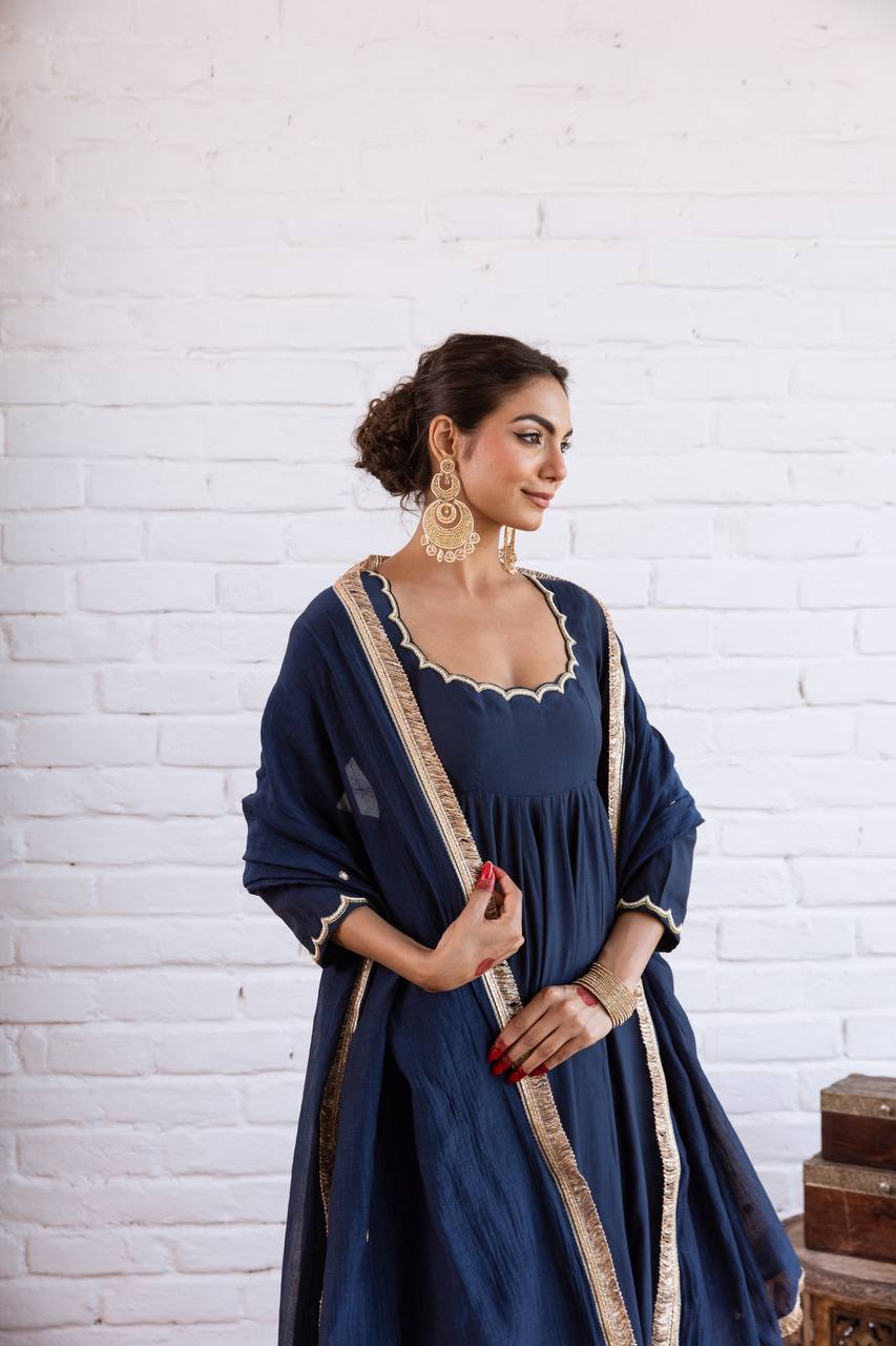 Designer Vichitra Silk Anarkali Gown with Beads Work & Dupatta