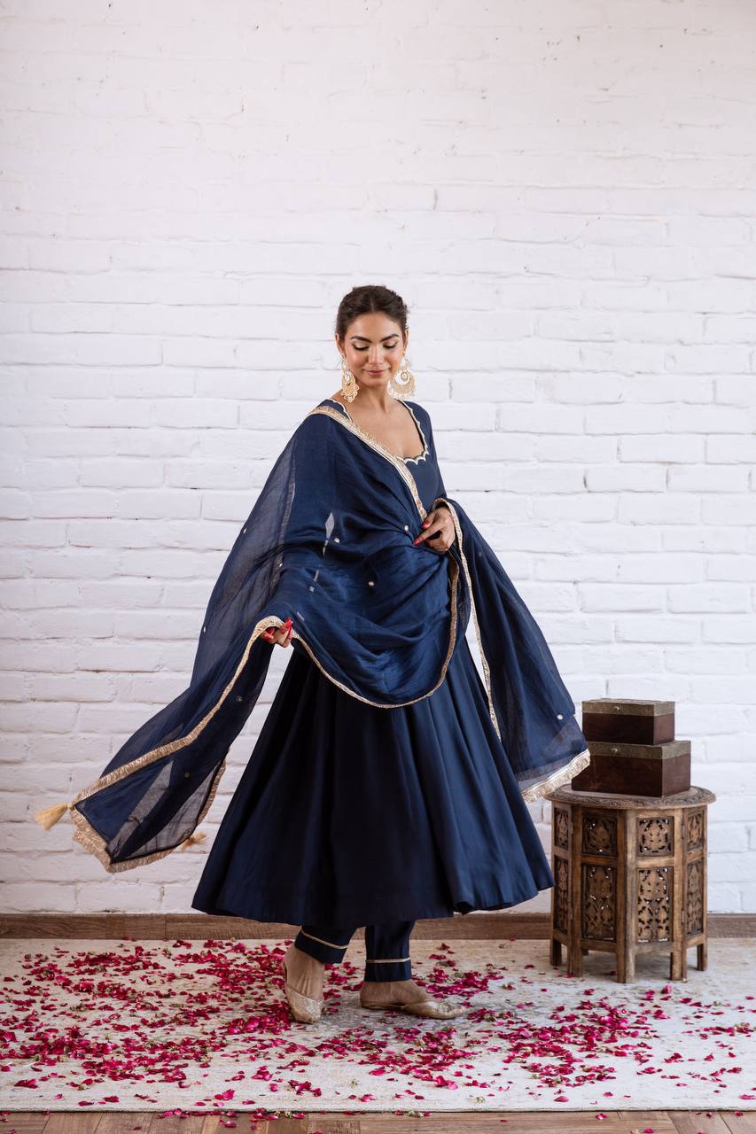 Designer Vichitra Silk Anarkali Gown with Beads Work & Dupatta