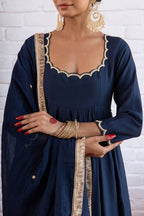 Designer Vichitra Silk Anarkali Gown with Beads Work & Dupatta