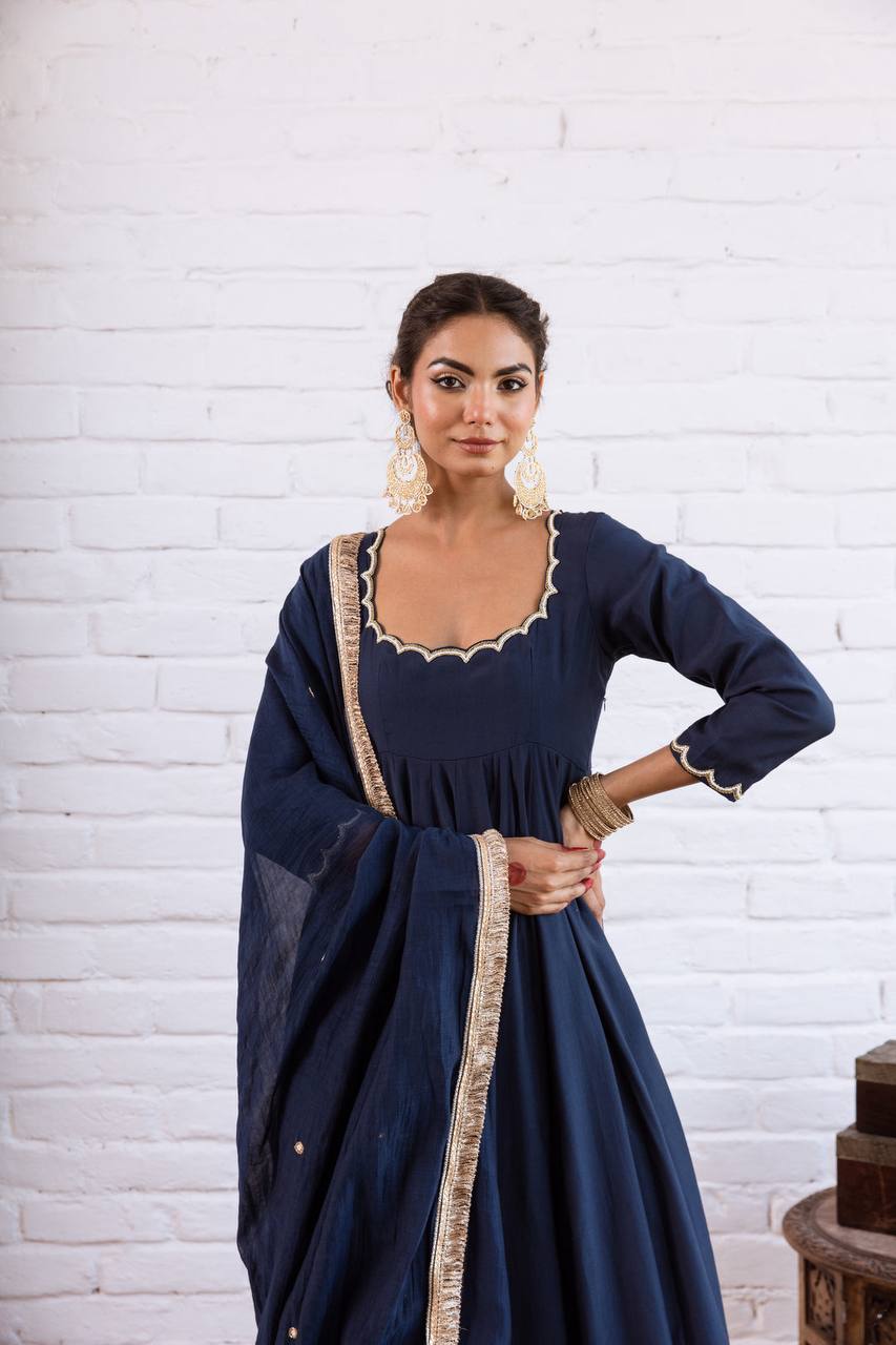 Designer Vichitra Silk Anarkali Gown with Beads Work & Dupatta